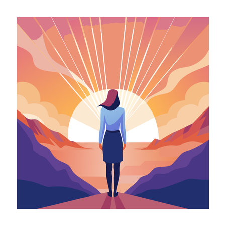 Woman looking at horizon with bright light and mountain landscape illustrationのイラスト素材
