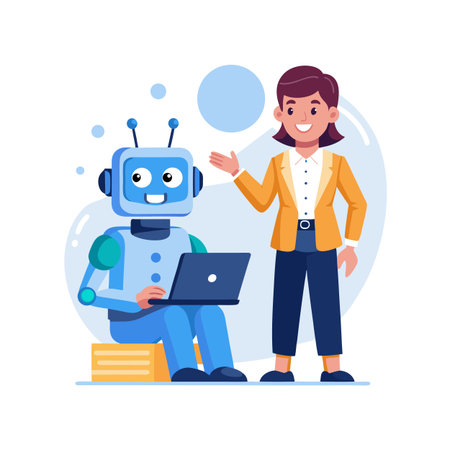 Businesswoman introducing robot assistant using laptop, demonstrating partnership and innovation in a clean, modern workplace settingのイラスト素材