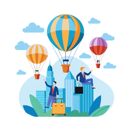Businessmen soaring above a stylized cityscape on hot air balloons, travel and career conceptのイラスト素材