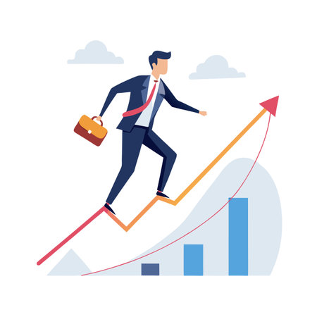Businessman with Briefcase Climbing Up a Financial Graph Representing Career Growth and Successのイラスト素材