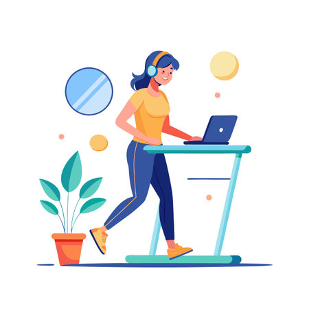 Young woman multitasking with laptop on treadmill, combining fitness with remote work seamlessly.のイラスト素材