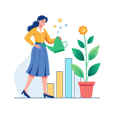 Woman Watering Plant Beside Growing Bar Graph, Business Success and Growth Illustrationのイラスト素材