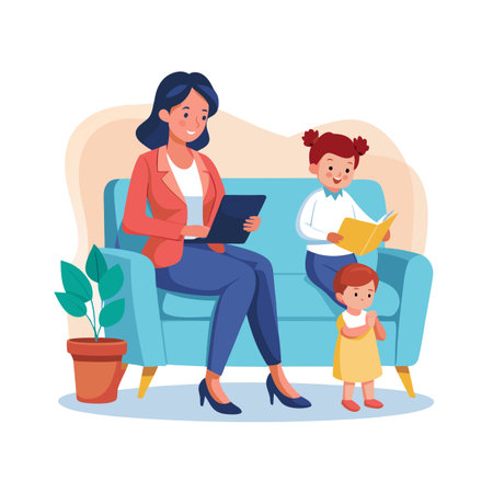 Modern Illustration of Woman with Children Reading and Learning on a Sofaのイラスト素材