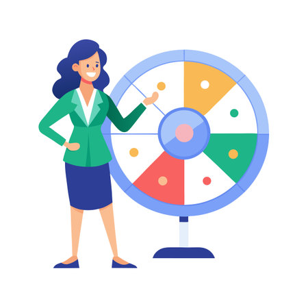 Woman spinning a colorful wheel of fortune, demonstrating chance or prizes in a simple vector illustrationのイラスト素材