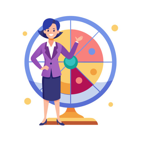 Cartoon woman presenting fortune wheel with colourful segments for luck marketing conceptのイラスト素材