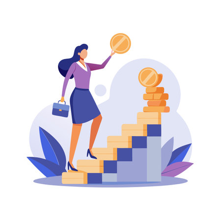 Businesswoman climbing stairs of coins symbolizing career growth and financial success in flat design.のイラスト素材