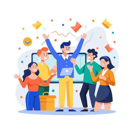 Happy diverse business team celebrating success with arms raised in front of data chart.のイラスト素材