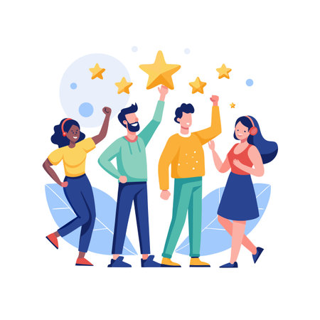 Diverse team celebrates success with stars, representing achievement and collaborative effort in a clean graphic style.のイラスト素材