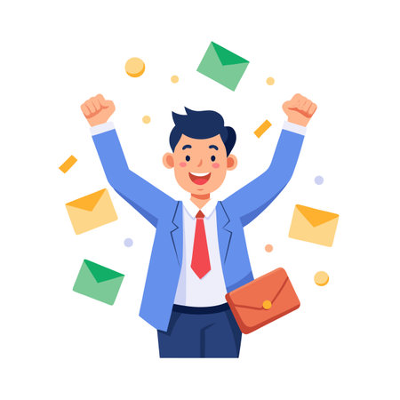 Excited businessman celebrating with emails and coins raining down in flat illustrationのイラスト素材