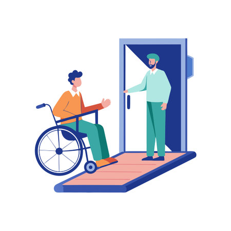 Accessible Entry Assistance: Flat Illustration of Person in Wheelchair Being Assisted Into Buildingのイラスト素材