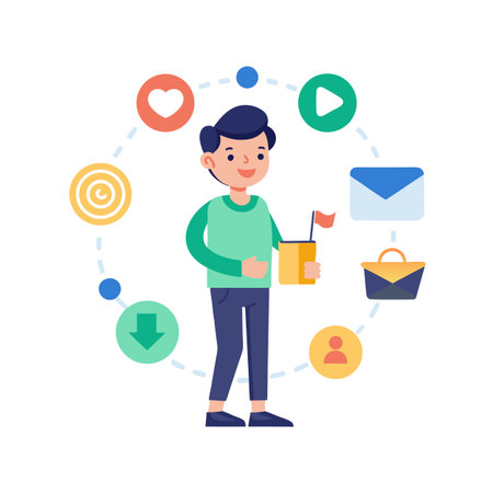 Illustration of a man with social media icons representing diverse online activitiesのイラスト素材