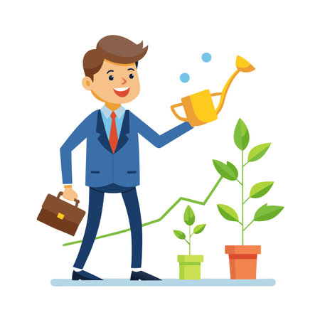 Businessman Watering Plants Representing Business Growth and Investment Strategy, Standing over a Positive Trendのイラスト素材