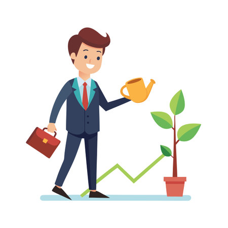Businessman with Briefcase Waters Growing Plant, Symbolizing Investment and Business Growthのイラスト素材