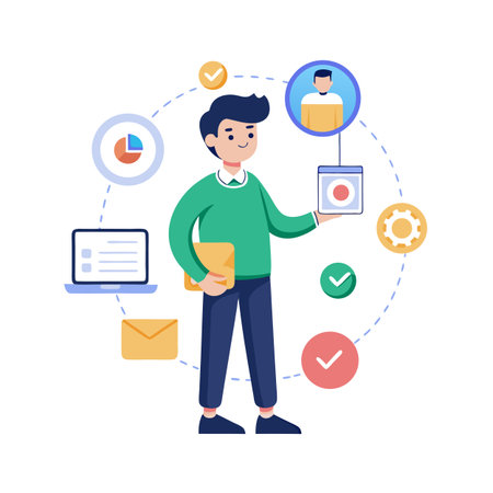 Man Coordinating Workflow Between Devices and People in Flat Style Illustration for Stock Useのイラスト素材