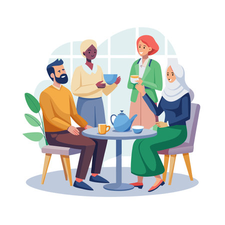 Diverse group enjoying tea and conversation at cafe table in a flat vector designのイラスト素材