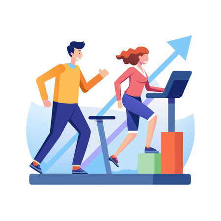 Teamwork for Business Growth: Man and Woman Climbing Steps Towards an Arrow Symbolizing Successのイラスト素材