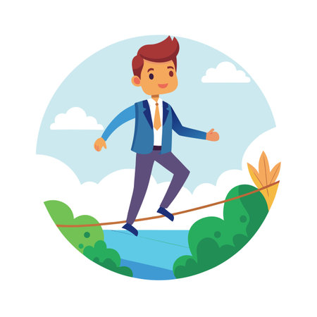 Cartoon businessman balancing on tightrope challenges success, vector illustration on the sky backgroundのイラスト素材