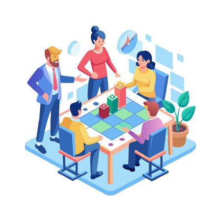 Isometric illustration of business team meeting analyzing graphs and charts for performance reviewのイラスト素材