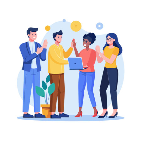 Diverse team celebrating success with a high five and applause in a flat vector illustrationのイラスト素材