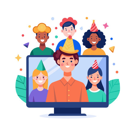 Virtual Birthday Party Illustration: Group of Friends Celebrating Online via Computer Screenのイラスト素材