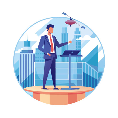 Business presentation with speaker and city background in a modern flat vector illustrationのイラスト素材