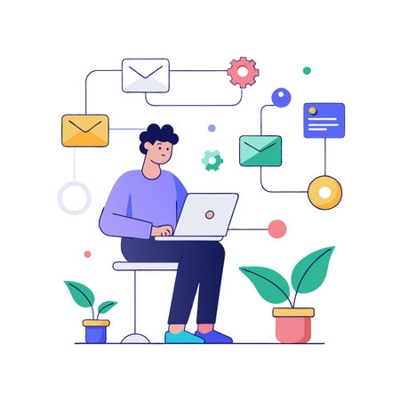 Digital Workflow Illustration: Man with Laptop Connecting Emails and Workflow Elementsのイラスト素材