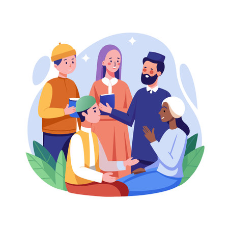 Multicultural group of Muslim people celebrating Eid, illustrating community and festive spirit in a modern flat styleのイラスト素材