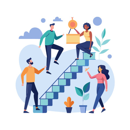 Teamwork Illustration: Flat design people collaborating and climbing stairs to reach a target with plantsのイラスト素材