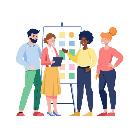 Diverse Team Discussing Project Strategy on Whiteboard, Brainstorming and Collaboration in Flat Vector Styleのイラスト素材