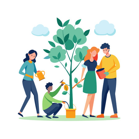 Community Planting a Tree for Environmental Sustainability and Growth with Diverse Volunteersのイラスト素材