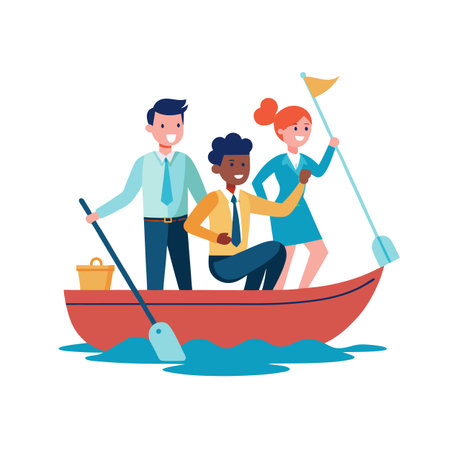 Three businesspeople collaborate rowing a boat together symbolizing teamwork and shared successのイラスト素材