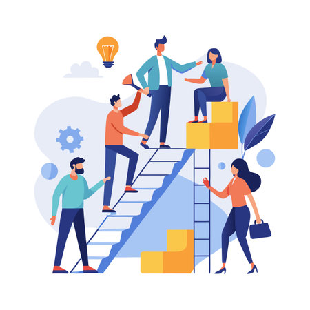 Teamwork and Ladder to Success: Collaborative Effort Leading to New Ideas and Achievementのイラスト素材