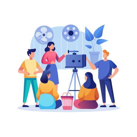Film crew working together in a vector art style illustration setting up the cameraのイラスト素材
