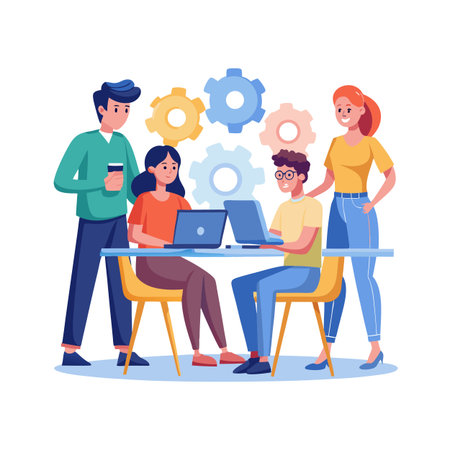 Teamwork and Technology: Young Professionals Collaborating on Laptop Projects, Surrounded by Gear Iconsのイラスト素材