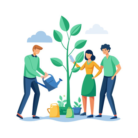 Teamwork in Sustainable Growth: Colleagues Watering a Young Tree Together Illustrating Corporate Social Responsibilityのイラスト素材