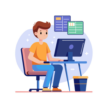 Cartoon-style person working at a computer with data and file representations displayedのイラスト素材