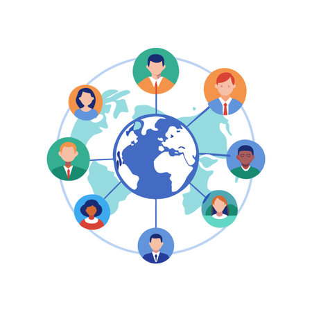 Global network concept illustration of diverse people connected by a blue network centered on a globeのイラスト素材