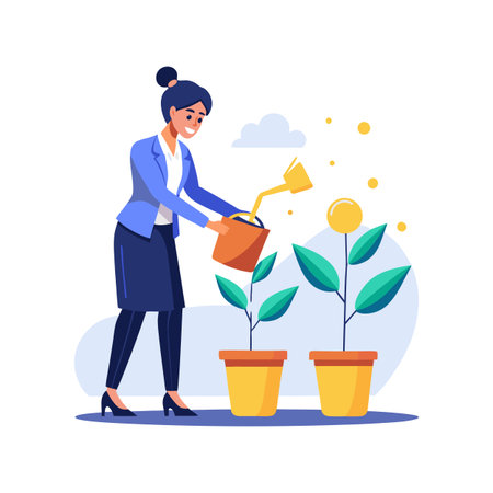 Woman Watering Plants: Business Growth, Investment, Nurturing Concept in Flat Illustrationのイラスト素材
