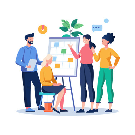 Team Meeting with Calendar Presentation: Collaborative Planning and Scheduling Session with Diverse Groupのイラスト素材