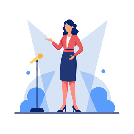 Business Woman Giving a Presentation Under Spotlights with Microphone Standのイラスト素材