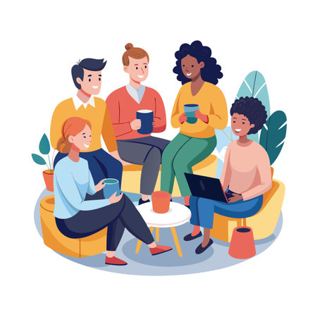 Diverse group collaborating, drinking coffee and using laptop in casual meeting settingのイラスト素材