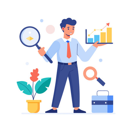 Business Analytics: Young Man Analyzing Data and Market Trends with Magnifying Glass and Growth Chartのイラスト素材