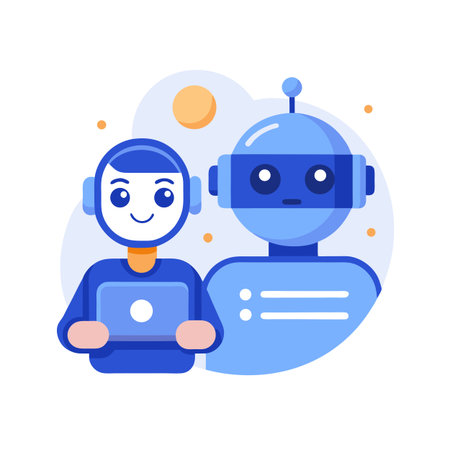 Friendly Robots Collaborating: A Flat Illustration of Humanoid and Mechanical Automationのイラスト素材