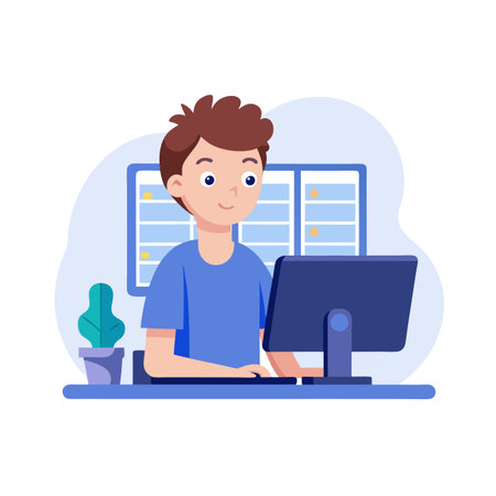 Young man working on computer at desk with plant and background designのイラスト素材