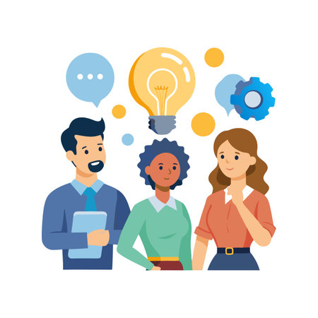 Diverse team brainstorming innovative ideas for business strategy in a modern flat designのイラスト素材