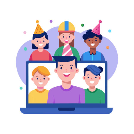 Virtual birthday celebration with diverse friends on a laptop screen during a video callのイラスト素材