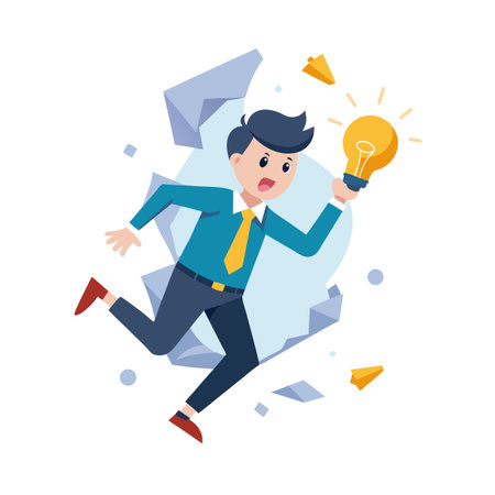 Businessman celebrates new idea with lightbulb, energetic concept with breaking background elementsのイラスト素材