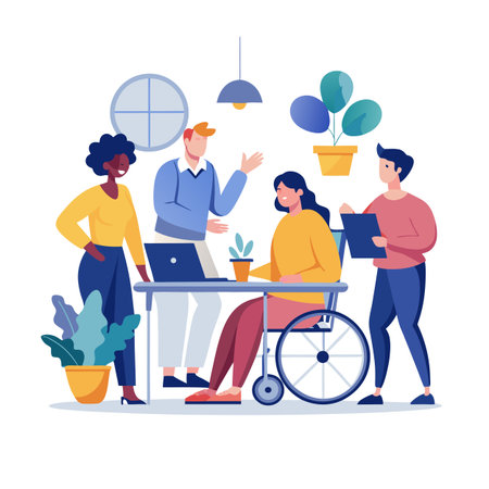 Diverse team collaboration meeting at office with woman in wheelchair and modern design.のイラスト素材