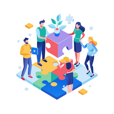 Isometric illustration of diverse team building puzzle representing business strategy and solution developmentのイラスト素材