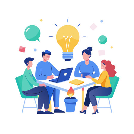 Team Brainstorming Session: Diverse group Collaborating on a Table with Lightbulb Overhead and Idea Bubblesのイラスト素材